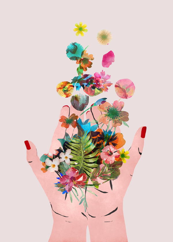 Botanisk plakat hænder og blomster collage
