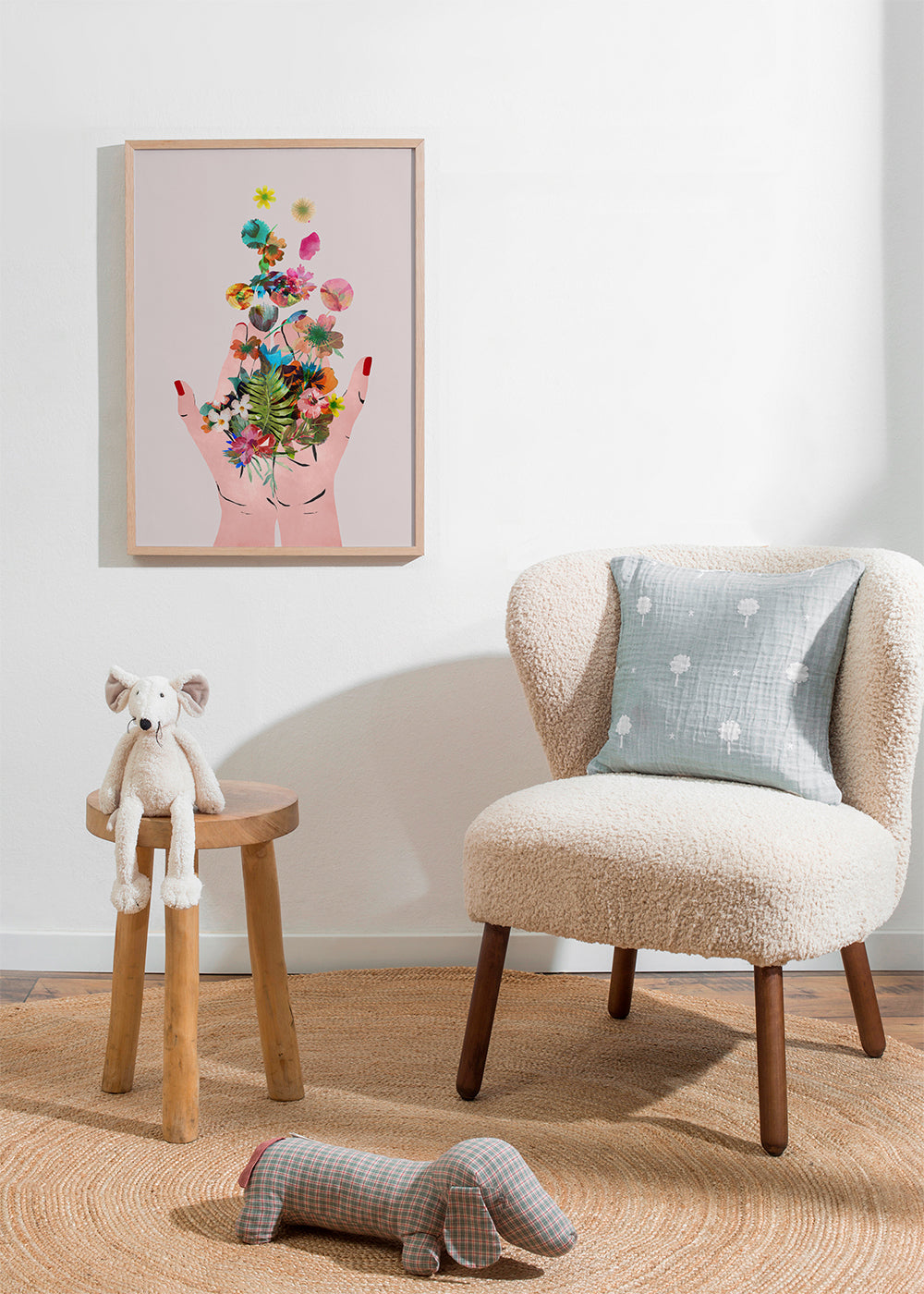 Botanisk plakat hænder og blomster collage
