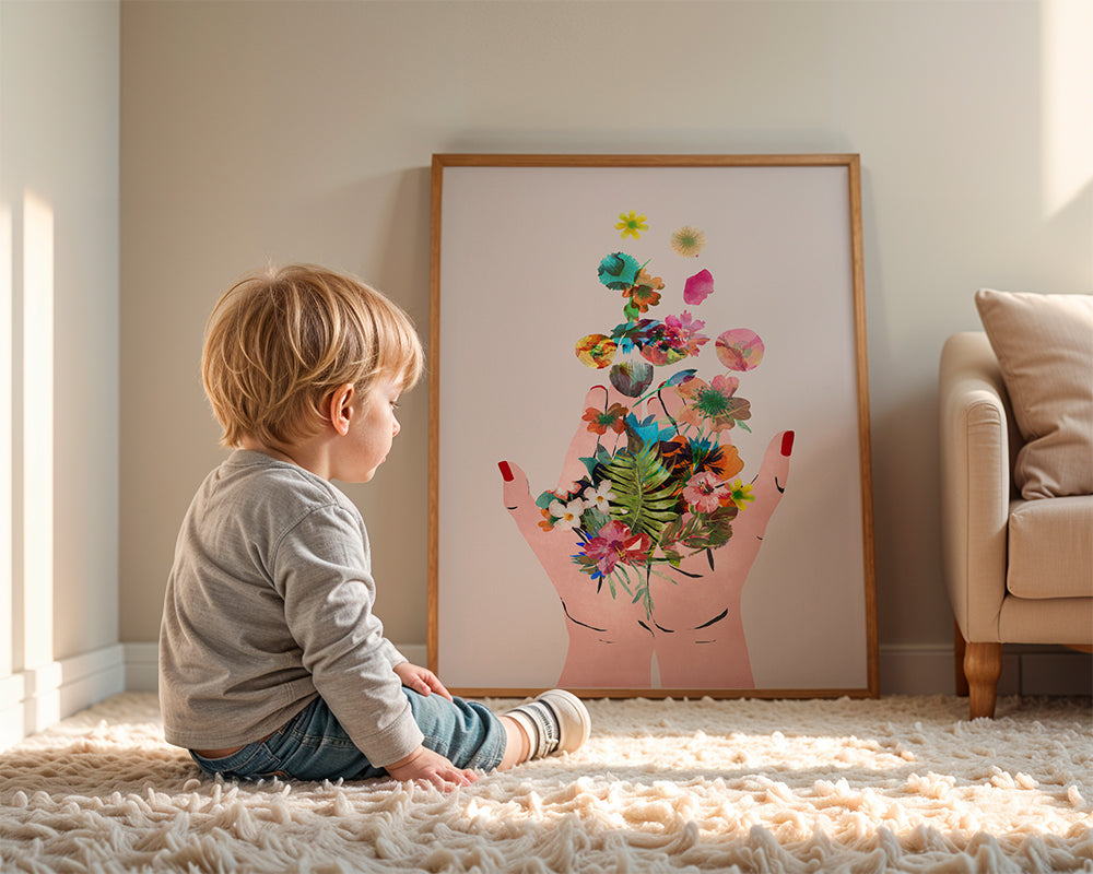 Botanisk plakat hænder og blomster collage