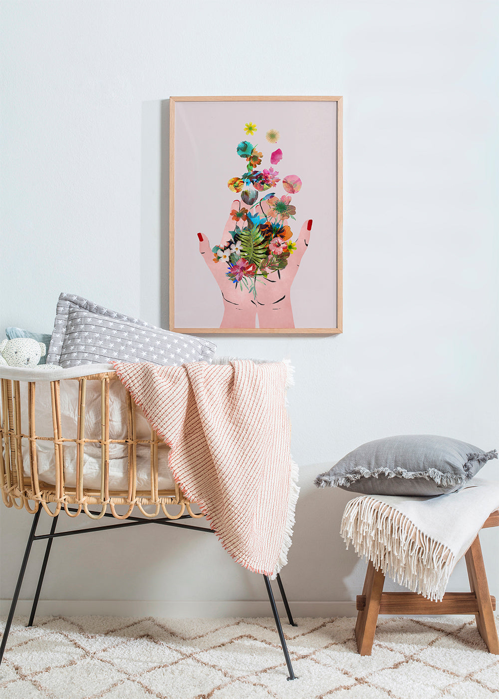 Botanisk plakat hænder og blomster collage