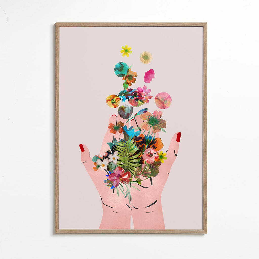 Botanisk plakat hænder og blomster collage