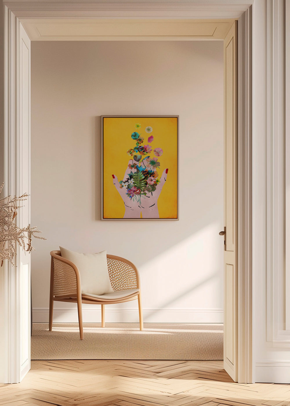 Botanisk plakat hænder med blomster på gul baggrund