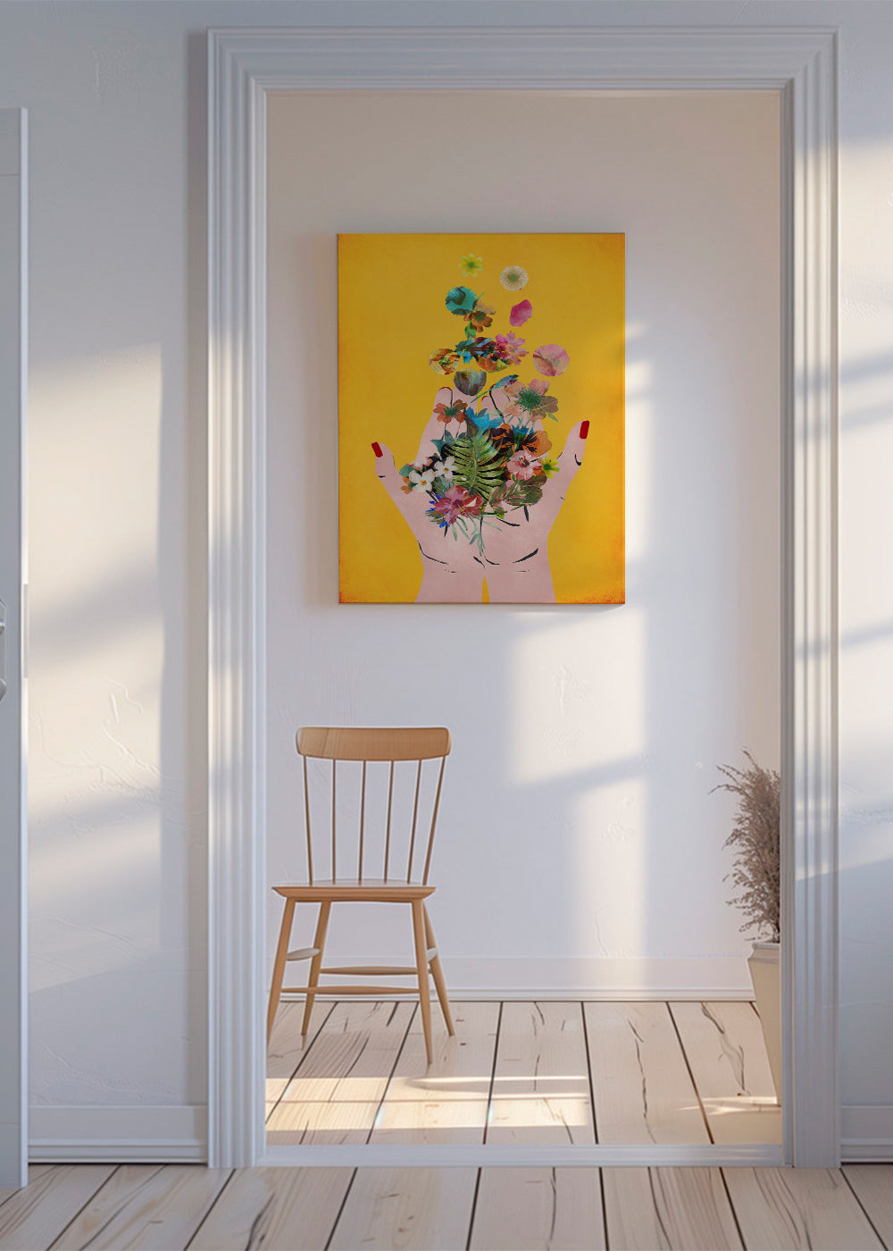 Botanisk plakat hænder med blomster på gul baggrund