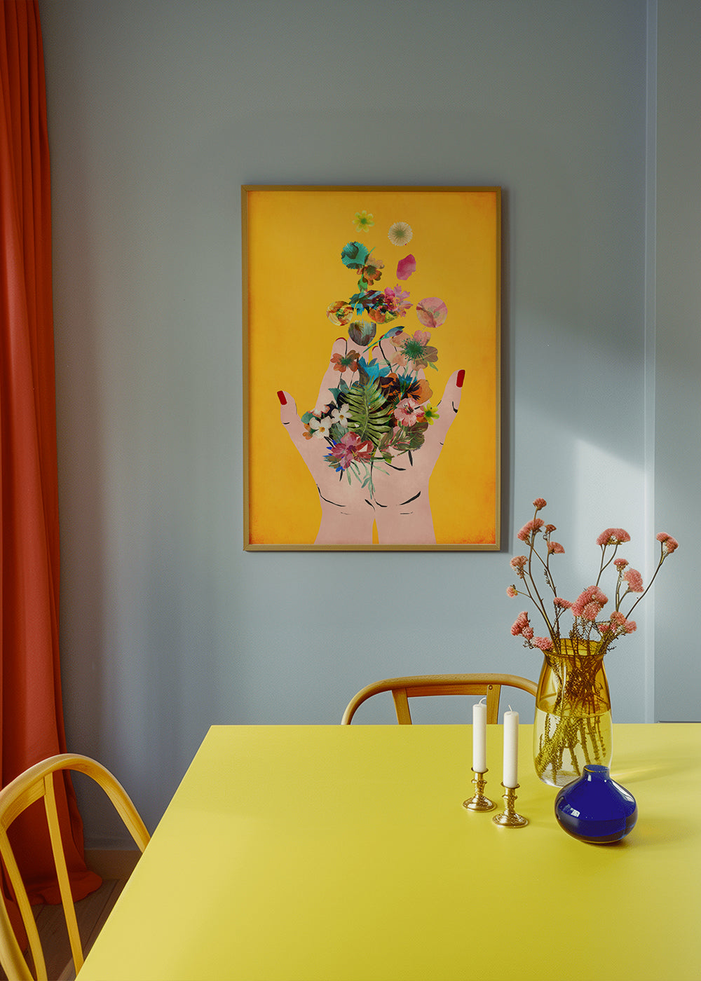 Botanisk plakat hænder med blomster på gul baggrund