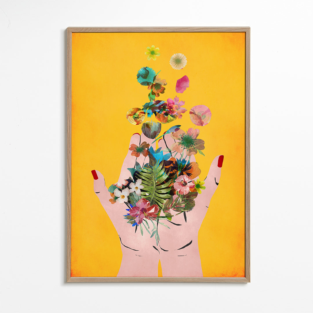 Botanisk plakat hænder med blomster på gul baggrund