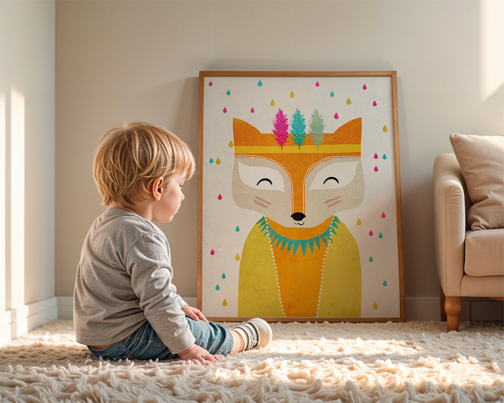 Børneplakat med farverig ræv