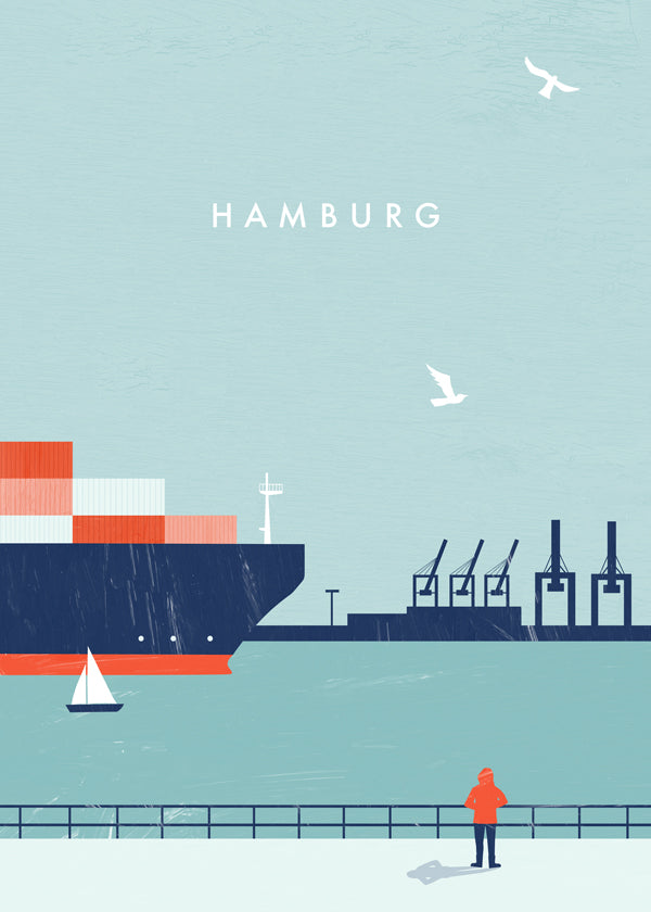 Rejseplakat Hamburg havn illustration