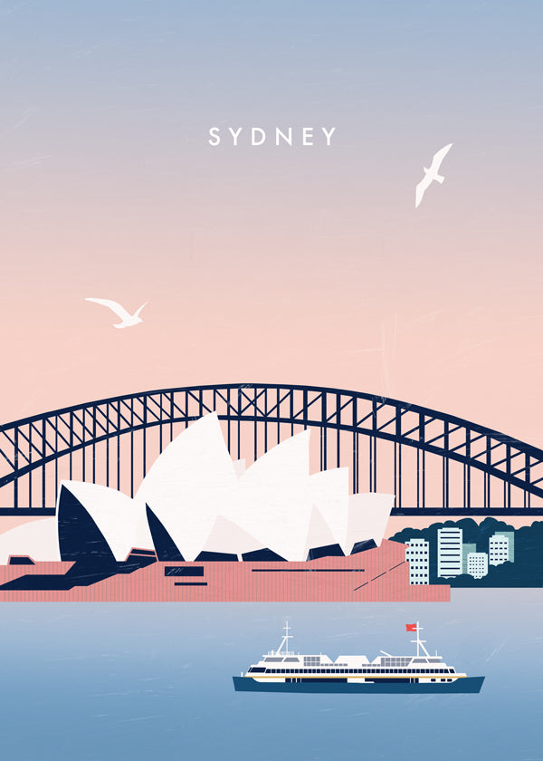 Rejseplakat Sydney: Operaen og broen i illustration