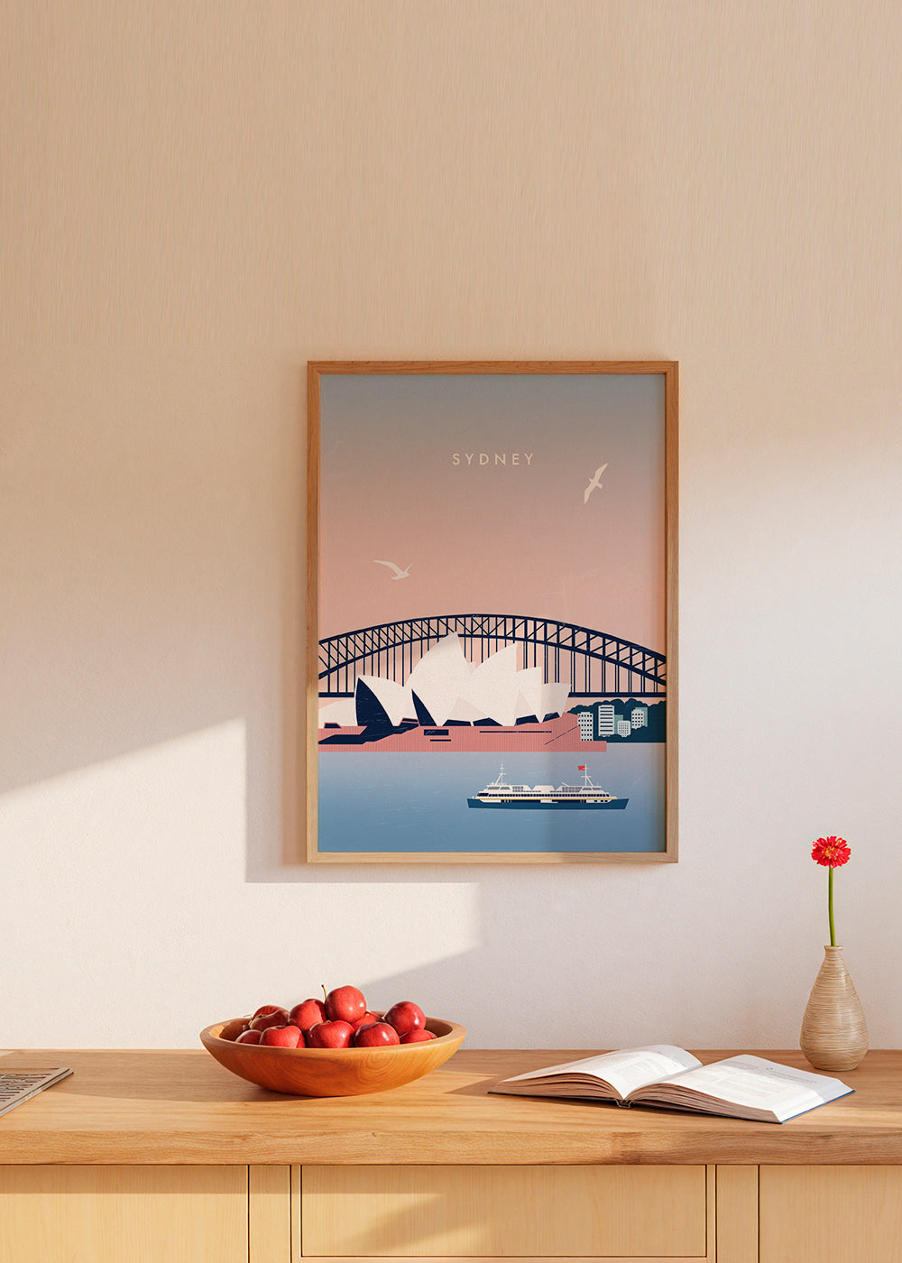 Rejseplakat Sydney: Operaen og broen i illustration
