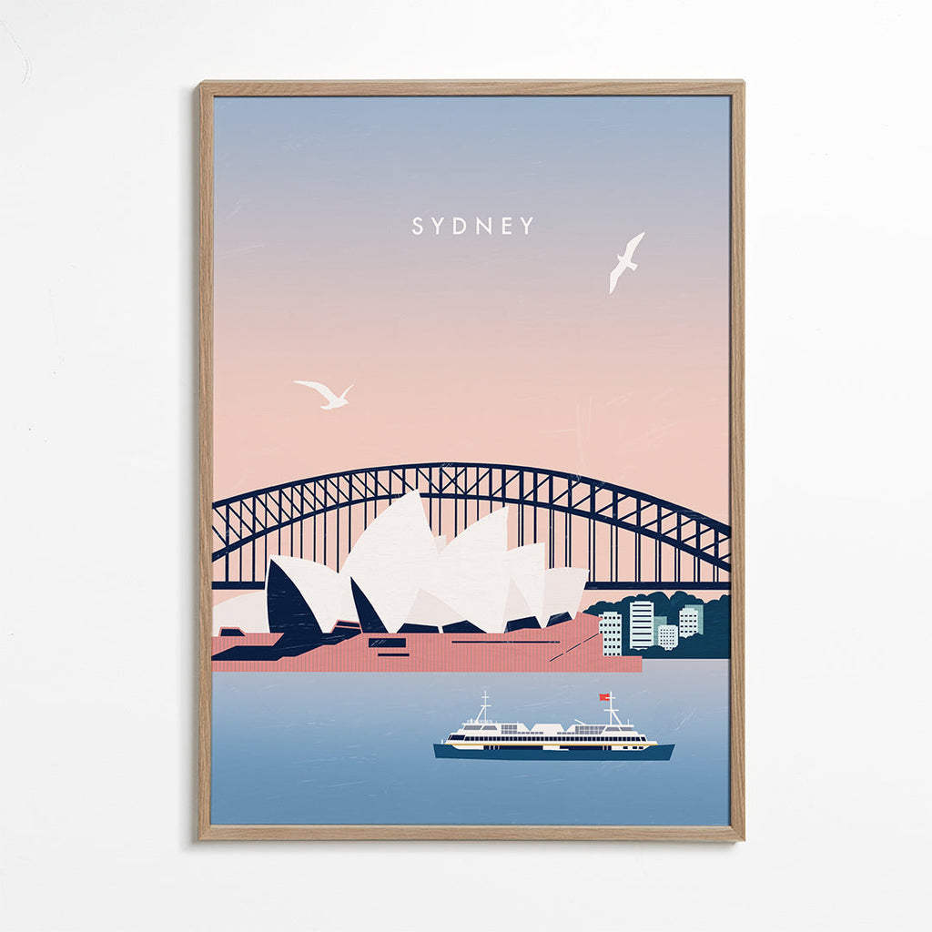 Rejseplakat Sydney: Operaen og broen i illustration