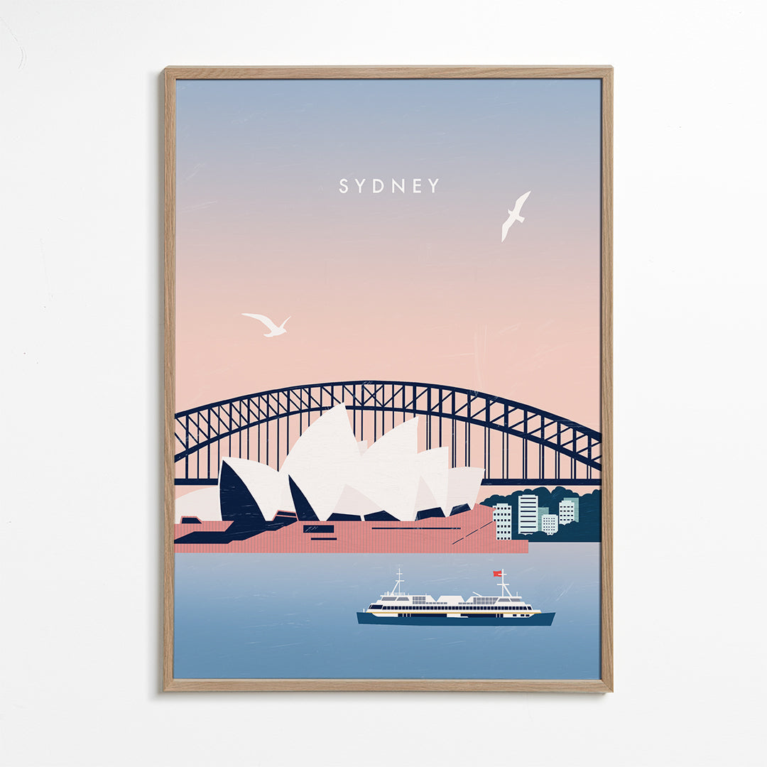 Rejseplakat Sydney: Operaen og broen i illustration