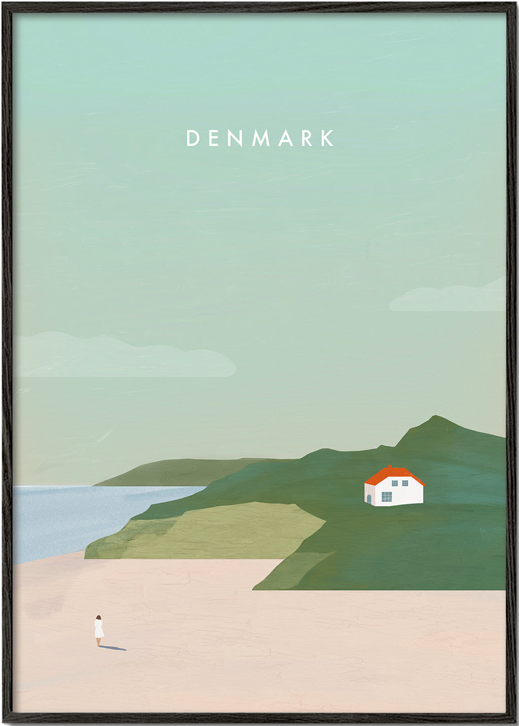 Minimalistisk landskabskunst med rødt tag