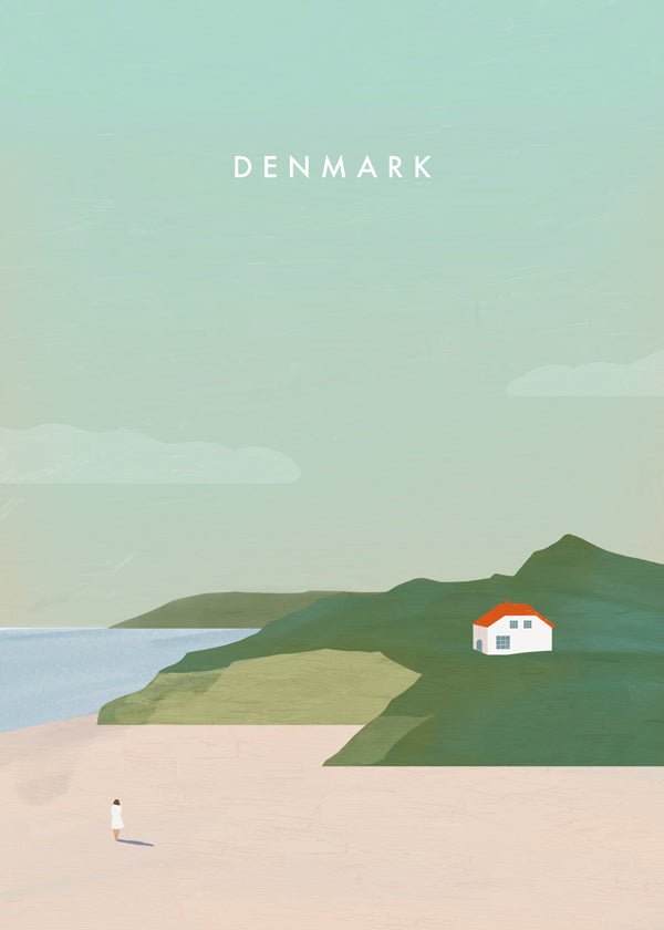 Minimalistisk landskabskunst med rødt tag