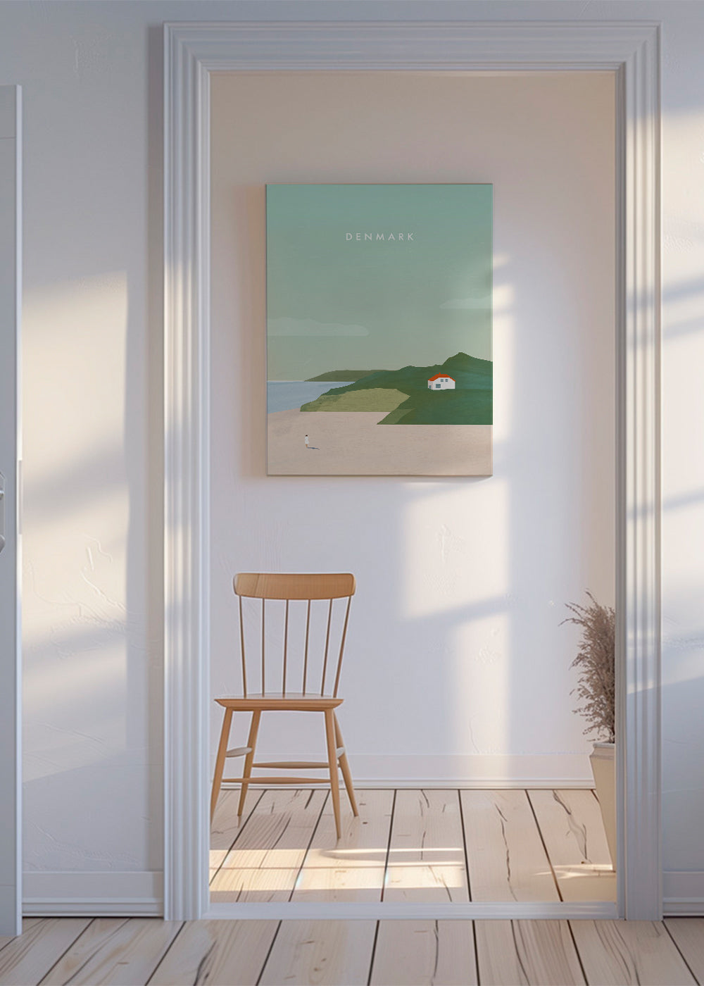 Minimalistisk landskabskunst med rødt tag