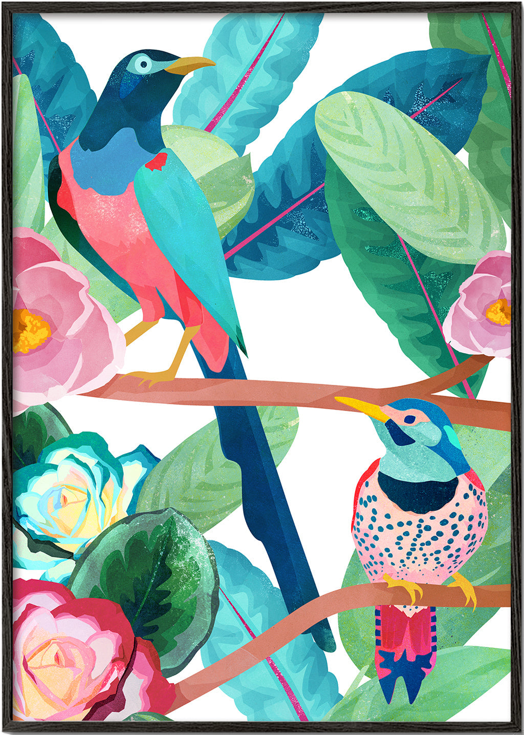 Illustration fugle og blomster på gren