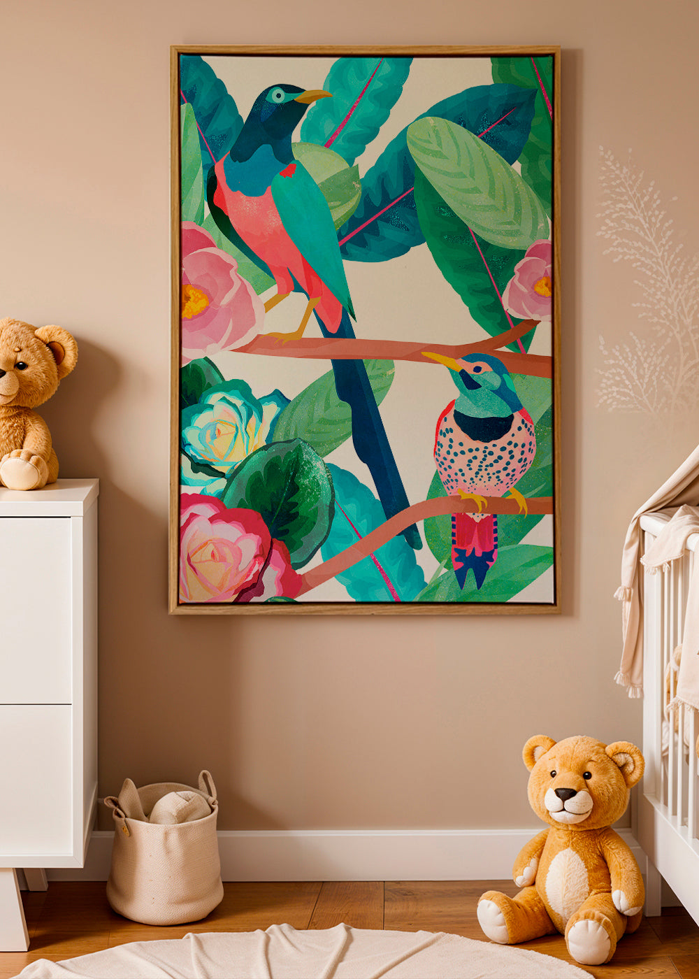 Illustration fugle og blomster på gren