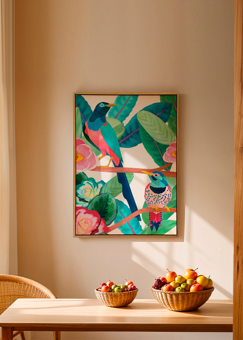 Illustration fugle og blomster på gren