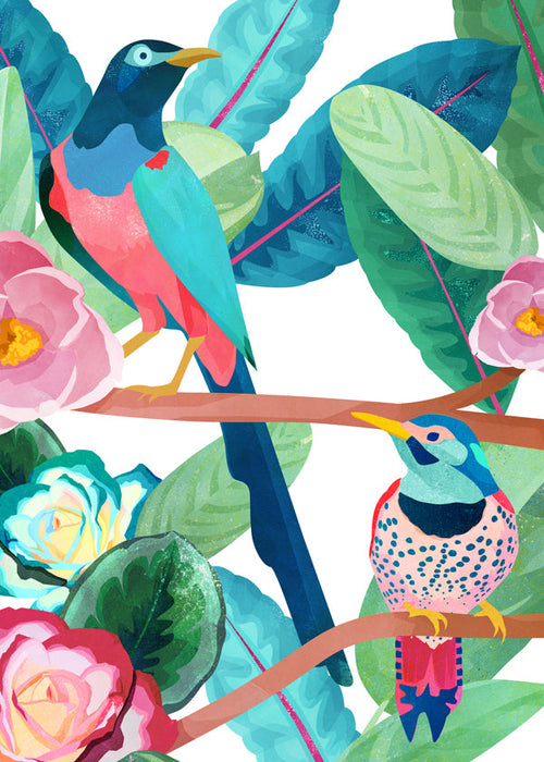 Illustration fugle og blomster på gren