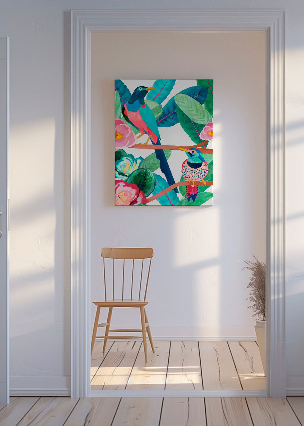 Illustration fugle og blomster på gren
