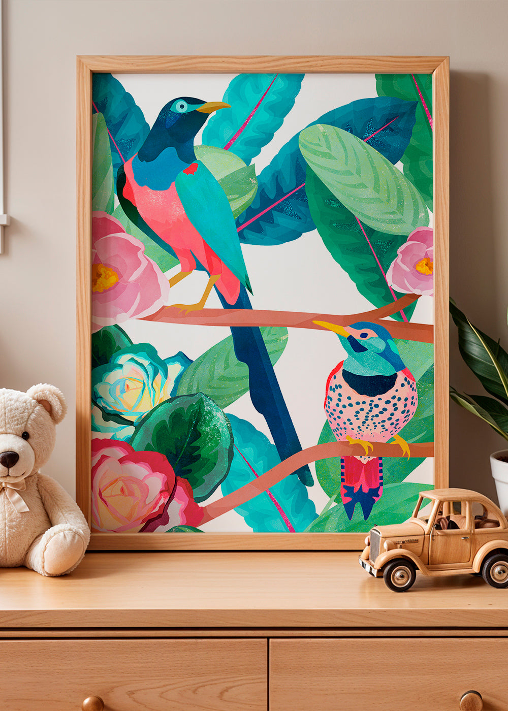 Illustration fugle og blomster på gren