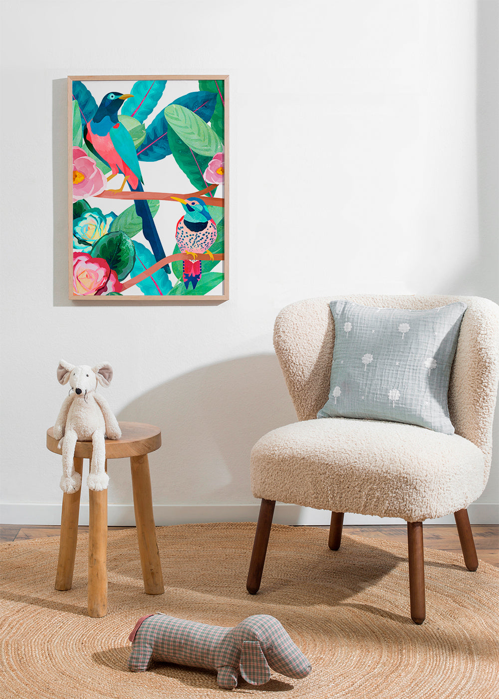 Illustration fugle og blomster på gren