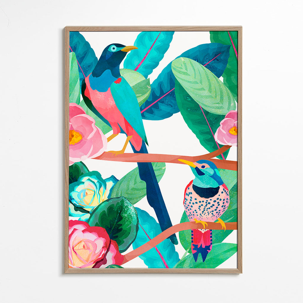 Illustration fugle og blomster på gren