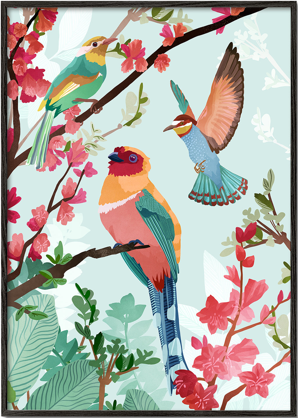 Illustration fugle og blomster