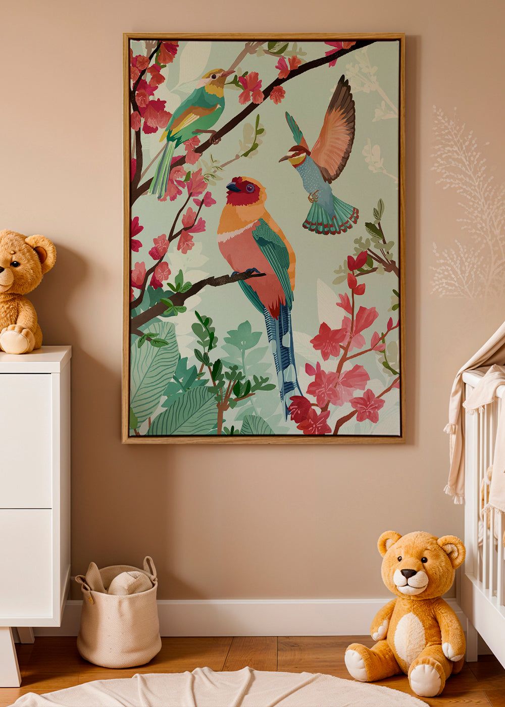 Illustration fugle og blomster