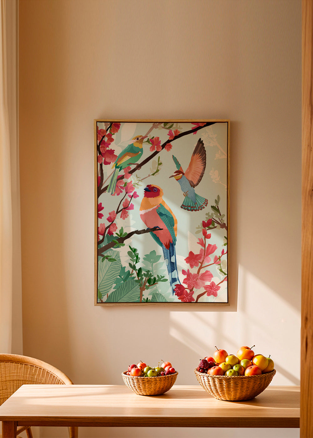 Illustration fugle og blomster