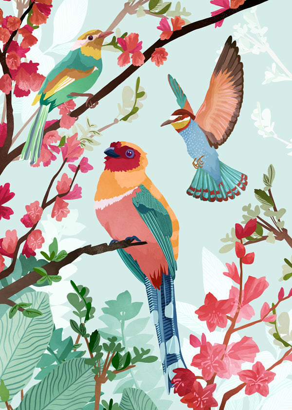 Illustration fugle og blomster