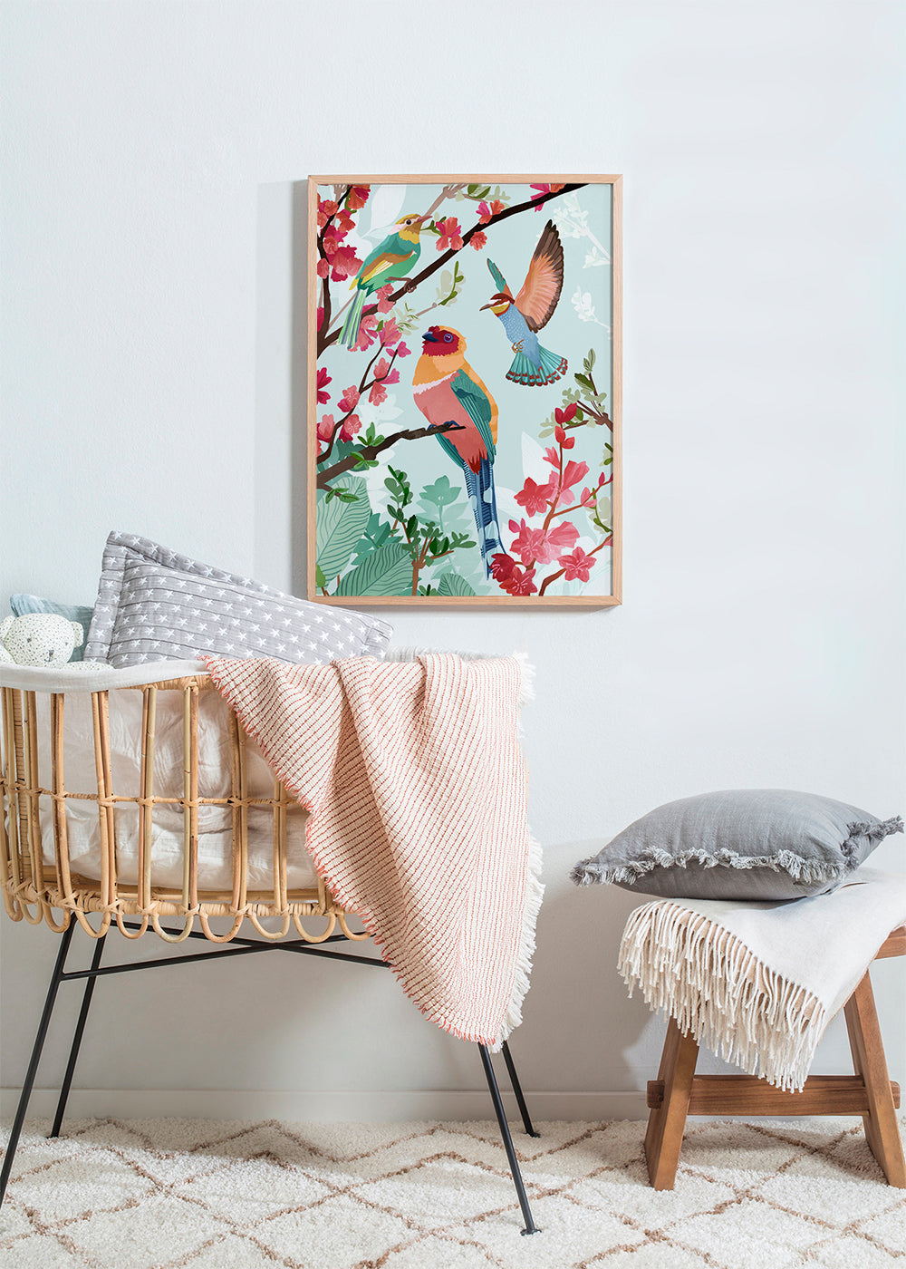 Illustration fugle og blomster