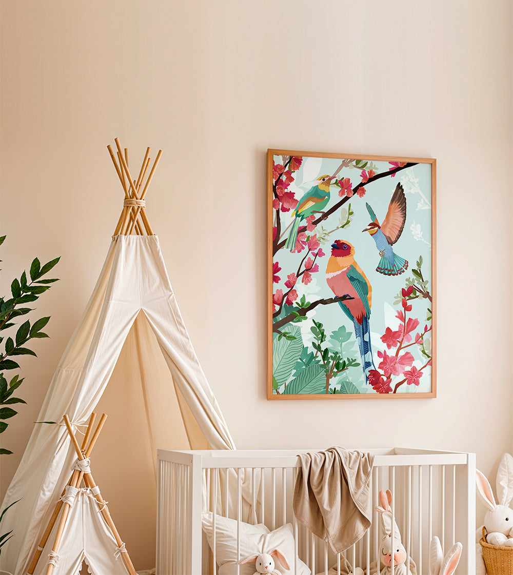 Illustration fugle og blomster