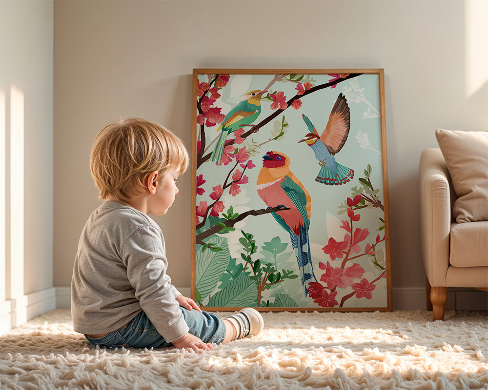 Illustration fugle og blomster
