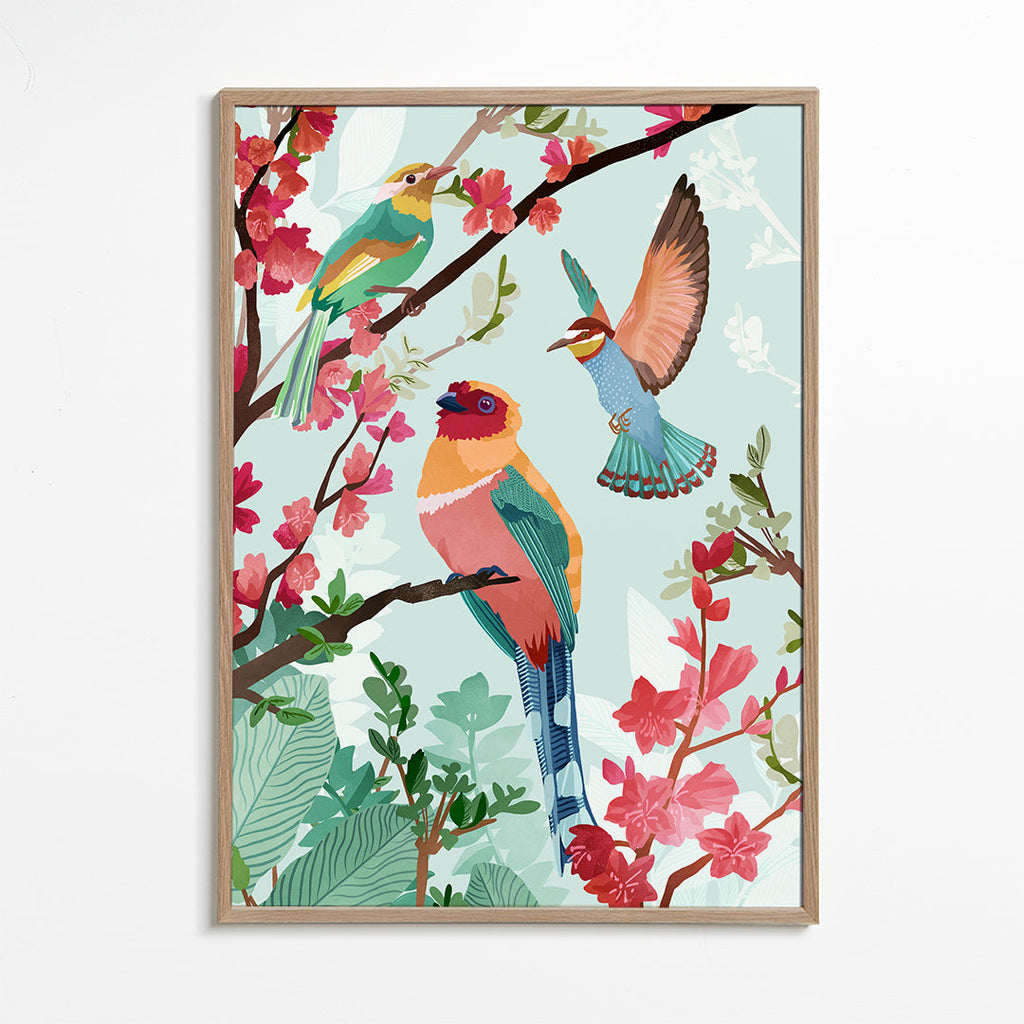 Illustration fugle og blomster