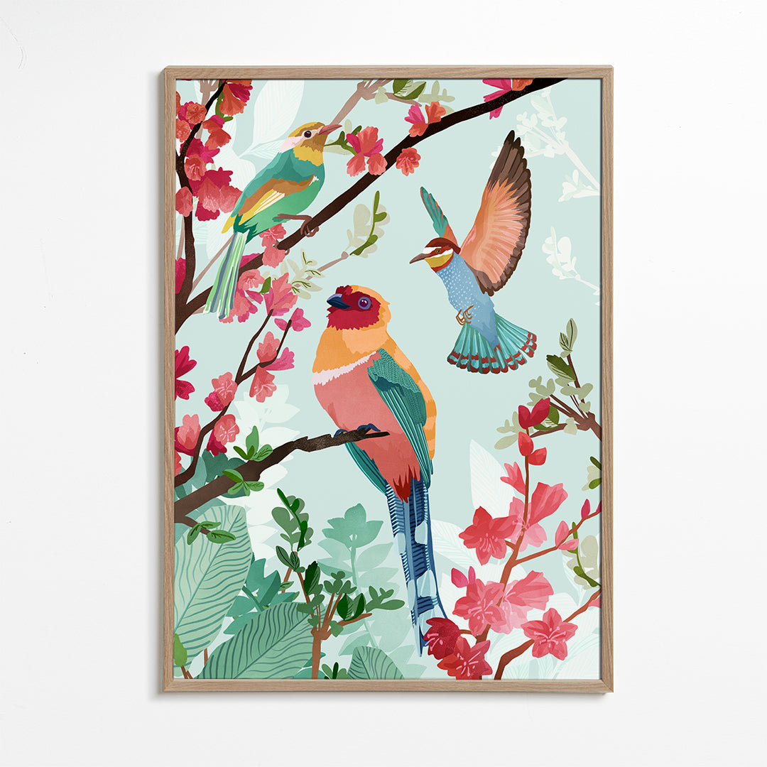 Illustration fugle og blomster