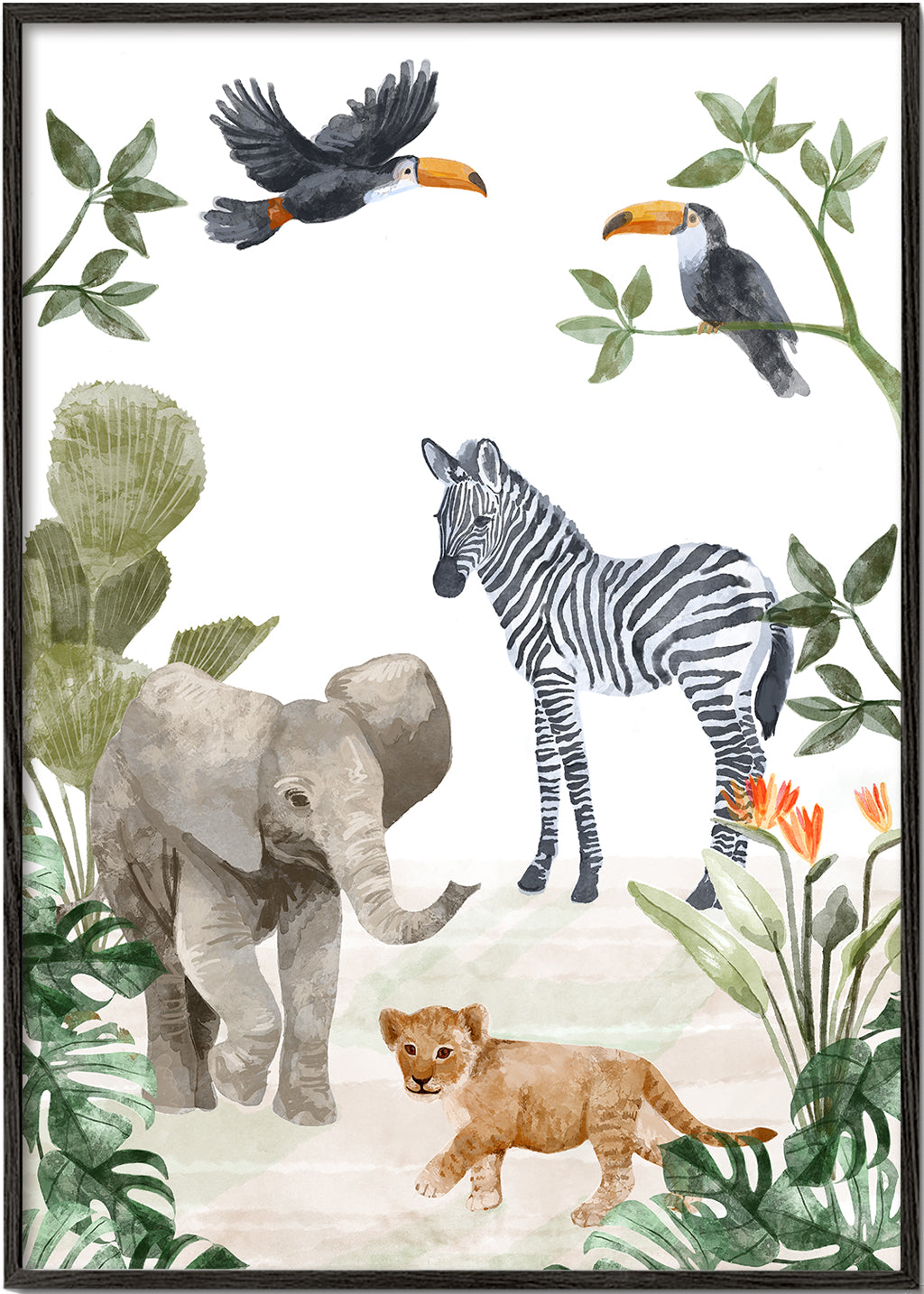 Børneplakat med jungledyr akvarel