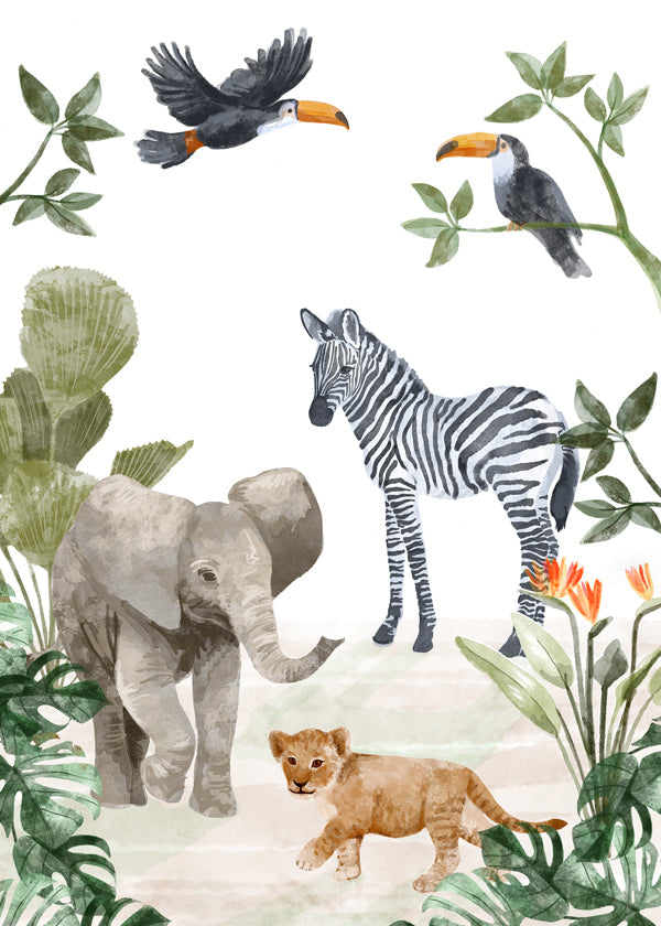 Børneplakat med jungledyr akvarel