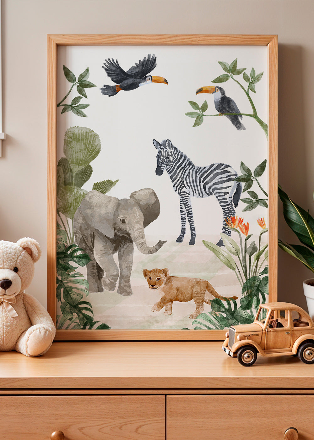 Børneplakat med jungledyr akvarel