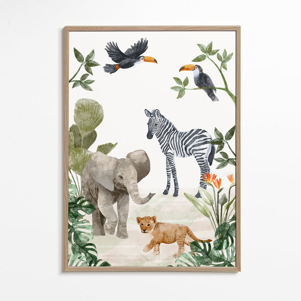 Børneplakat med jungledyr akvarel