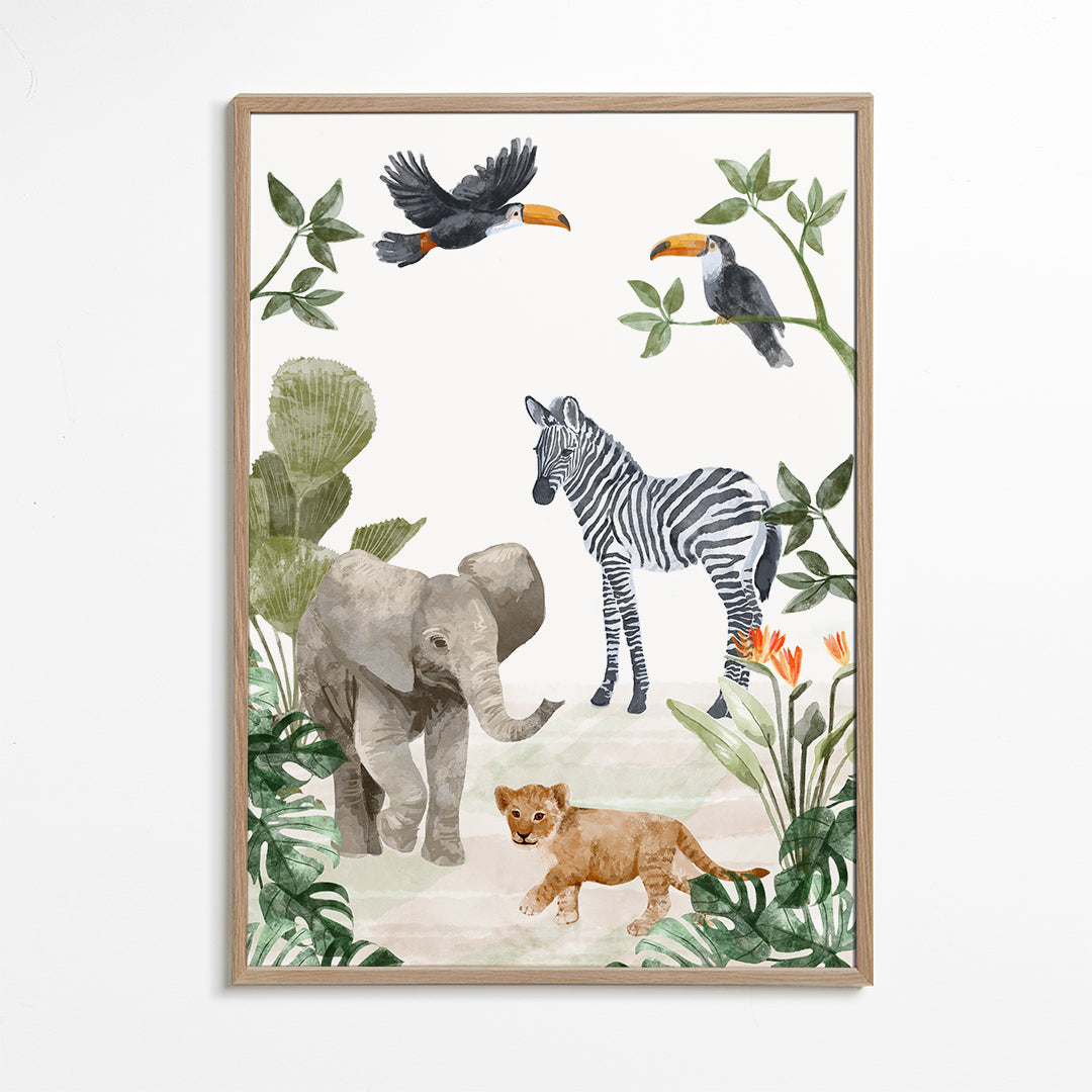 Børneplakat med jungledyr akvarel