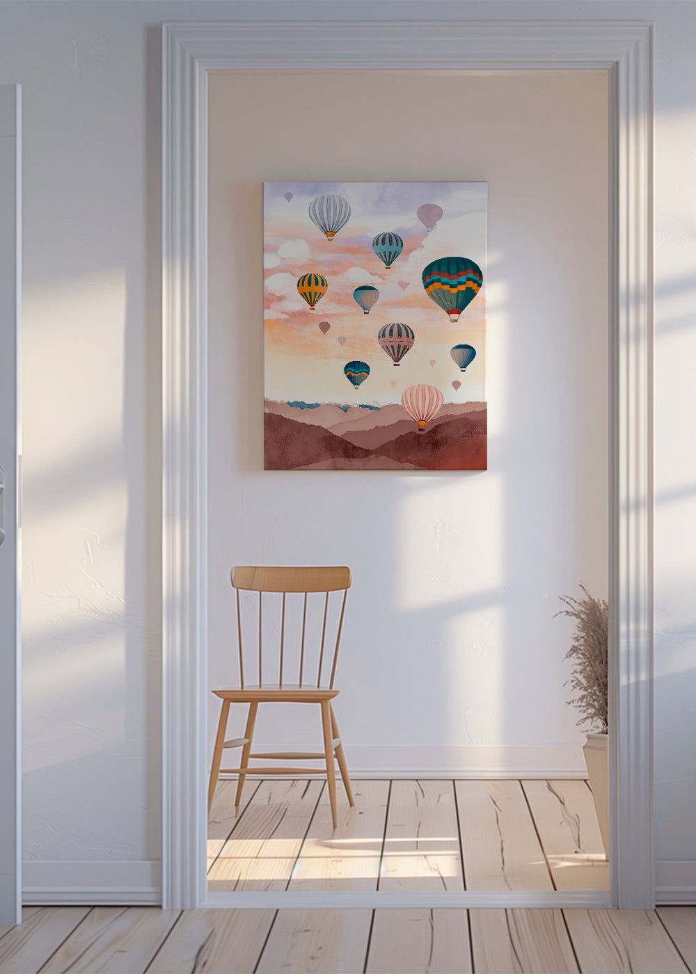 Landskabskunst med varmluftballoner ved solopgang