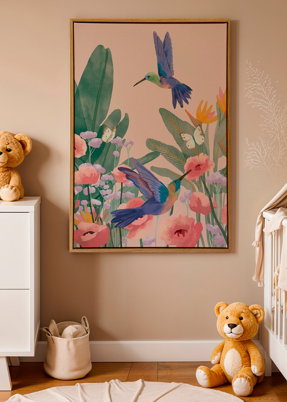 Botanisk plakat med kolibrier og blomster på lyserød baggrund