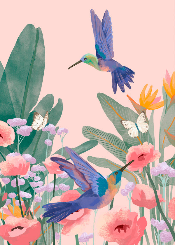 Botanisk plakat med kolibrier og blomster på lyserød baggrund