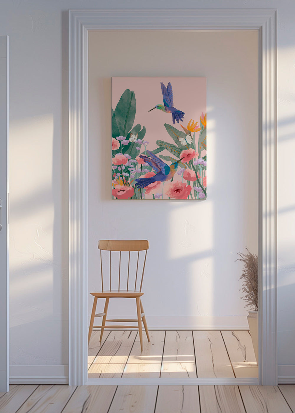 Botanisk plakat med kolibrier og blomster på lyserød baggrund