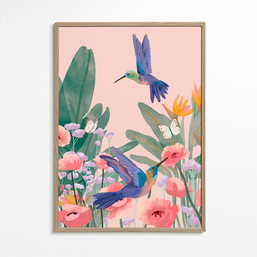 Botanisk plakat med kolibrier og blomster på lyserød baggrund
