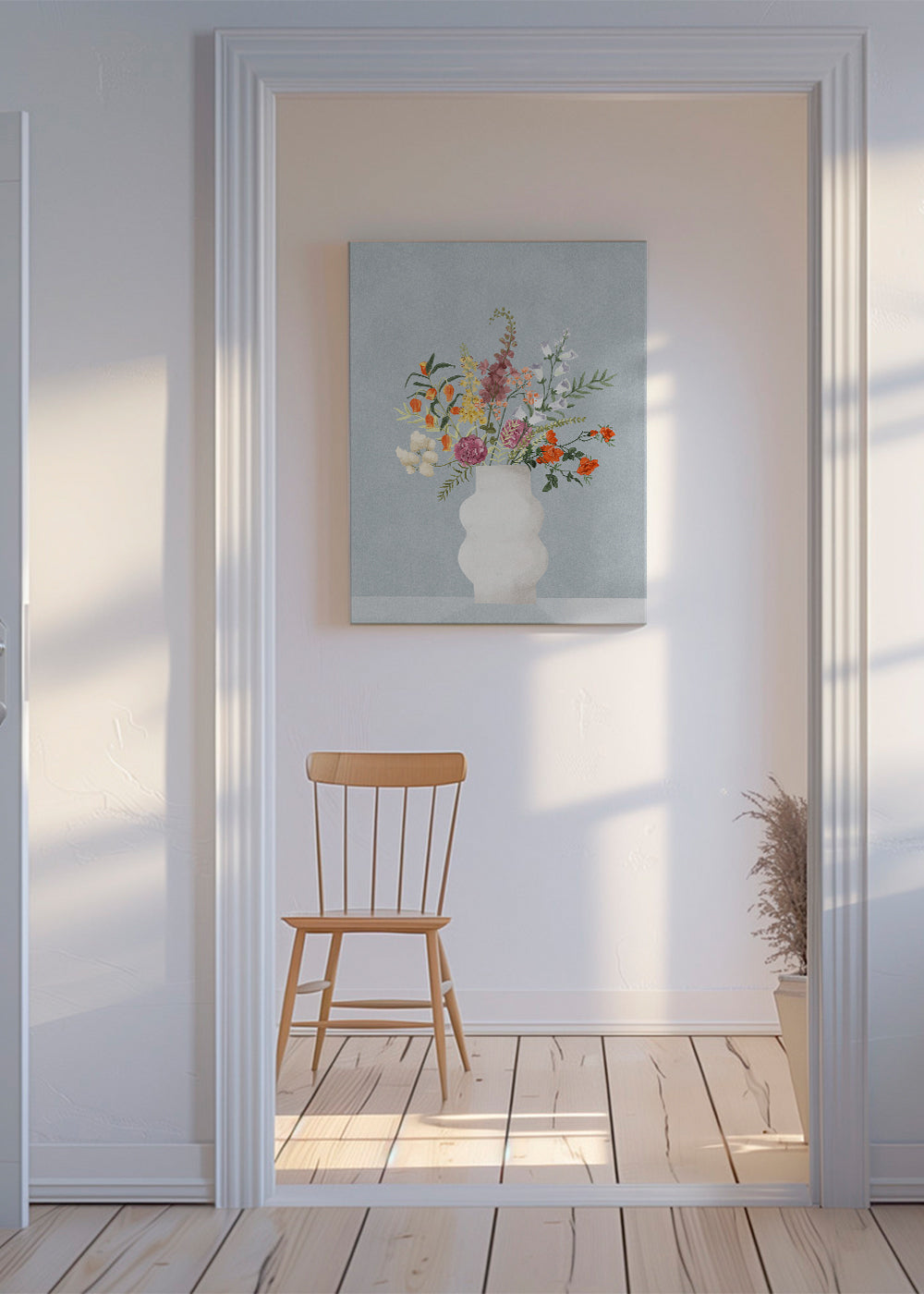 Botanisk plakat med vase og farverigt buket