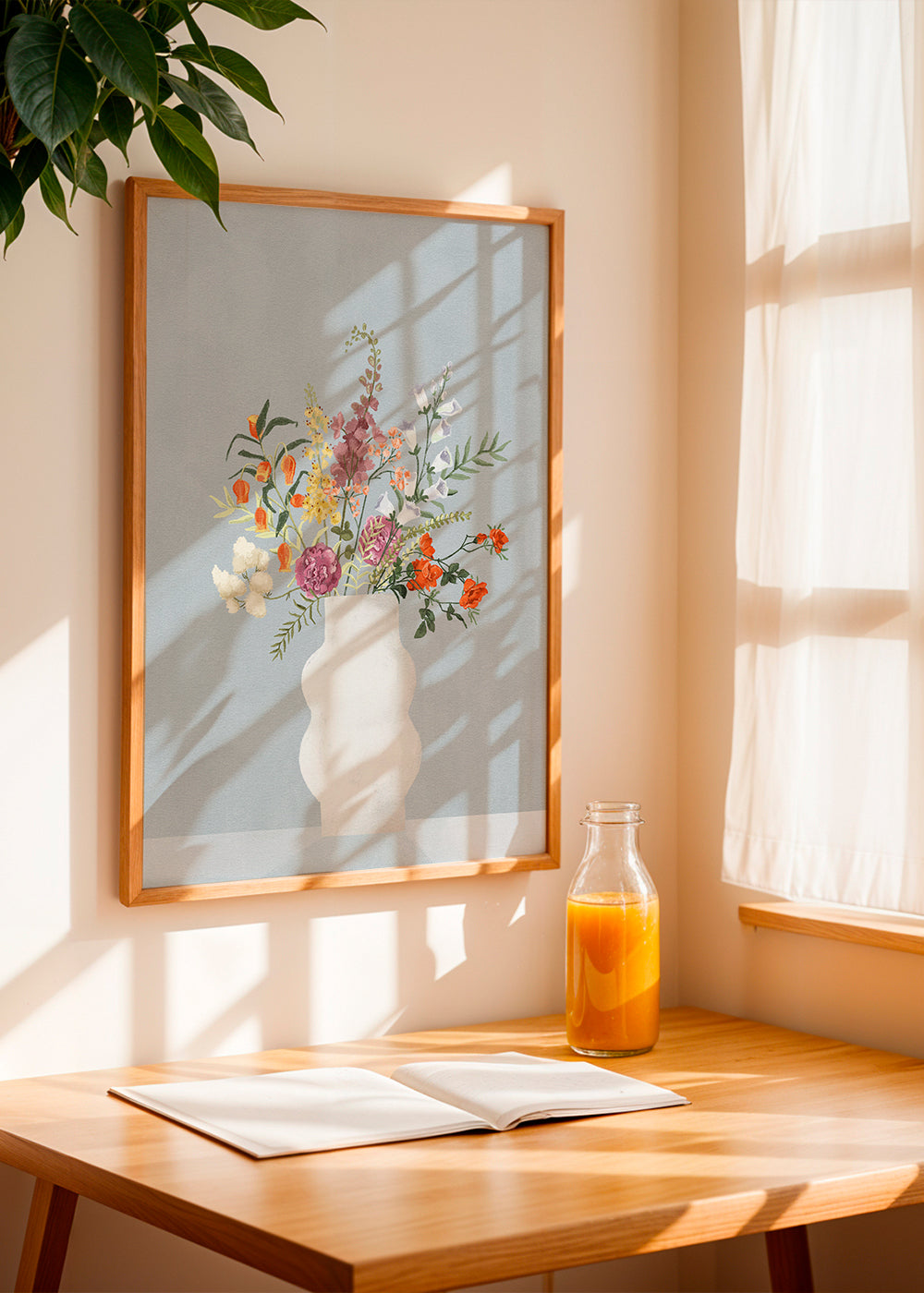 Botanisk plakat med vase og farverigt buket