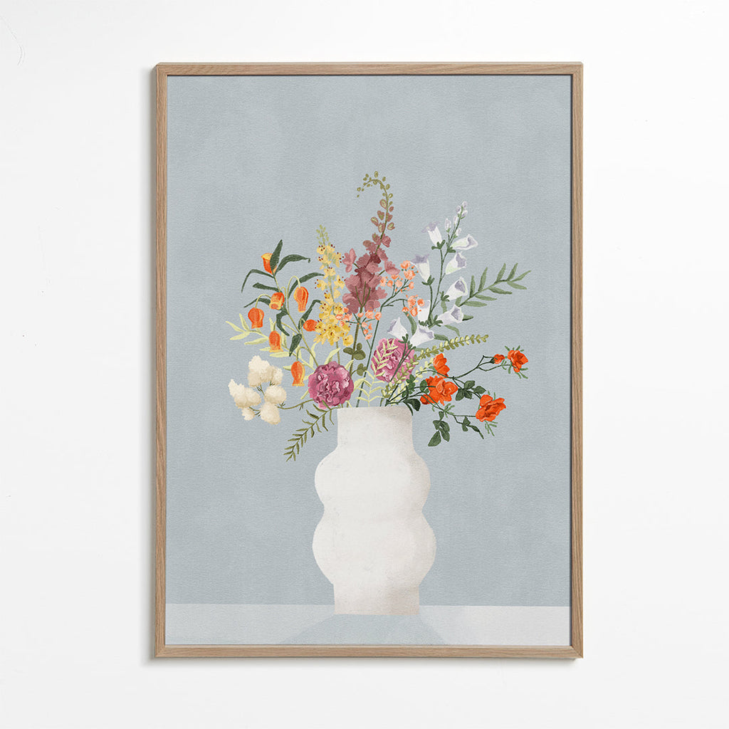 Botanisk plakat med vase og farverigt buket