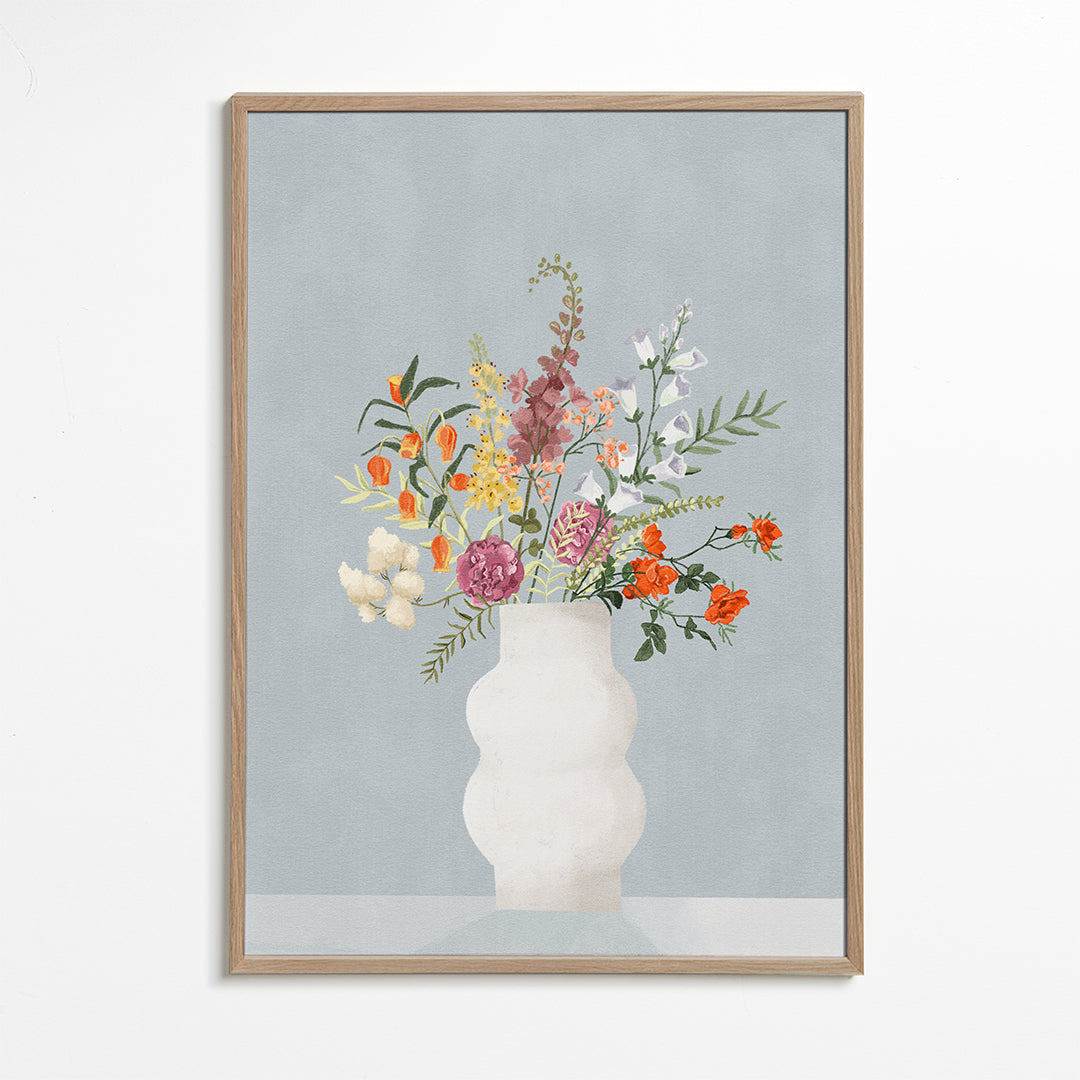 Botanisk plakat med vase og farverigt buket