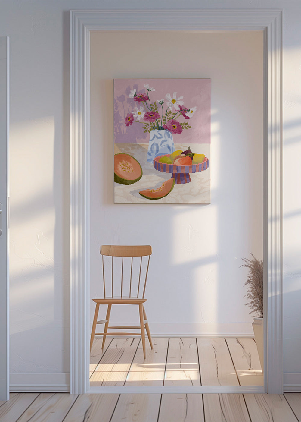 Køkkenkunst: frugtestilleben med vase